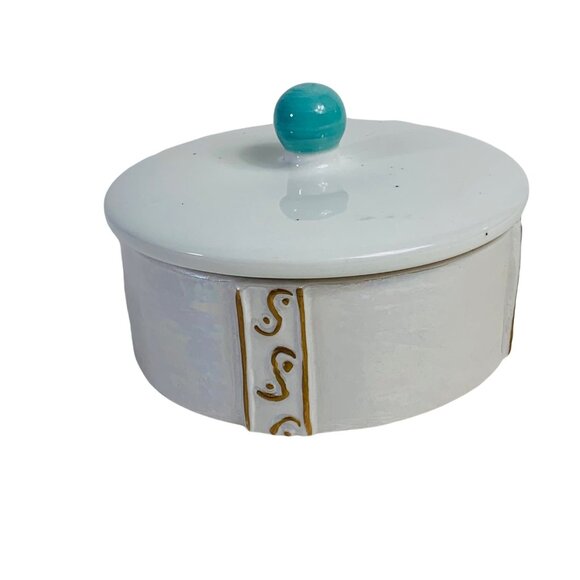 Iridescent Trinket Box Vanity Power Dish Lid Speckled Turquoise Knob Ceramic VTG - Picture 6 of 13